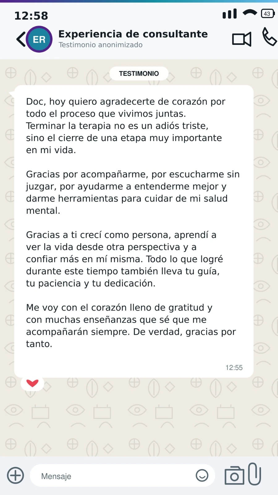 Captura original del testimonio: Consultante en Terapia Adultos
